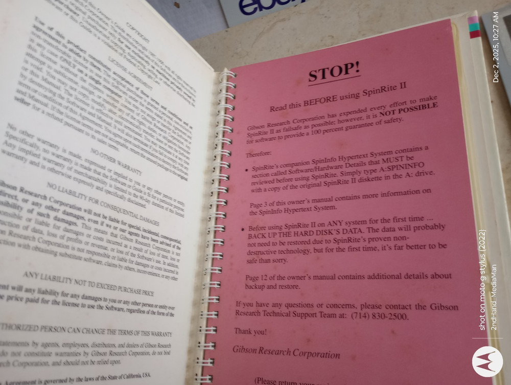 SPINRITE II VERSION 2, 5"FLOPPY DISC PC COMPUTER PROGRAM SOFTWARE W/BINDER BOOK