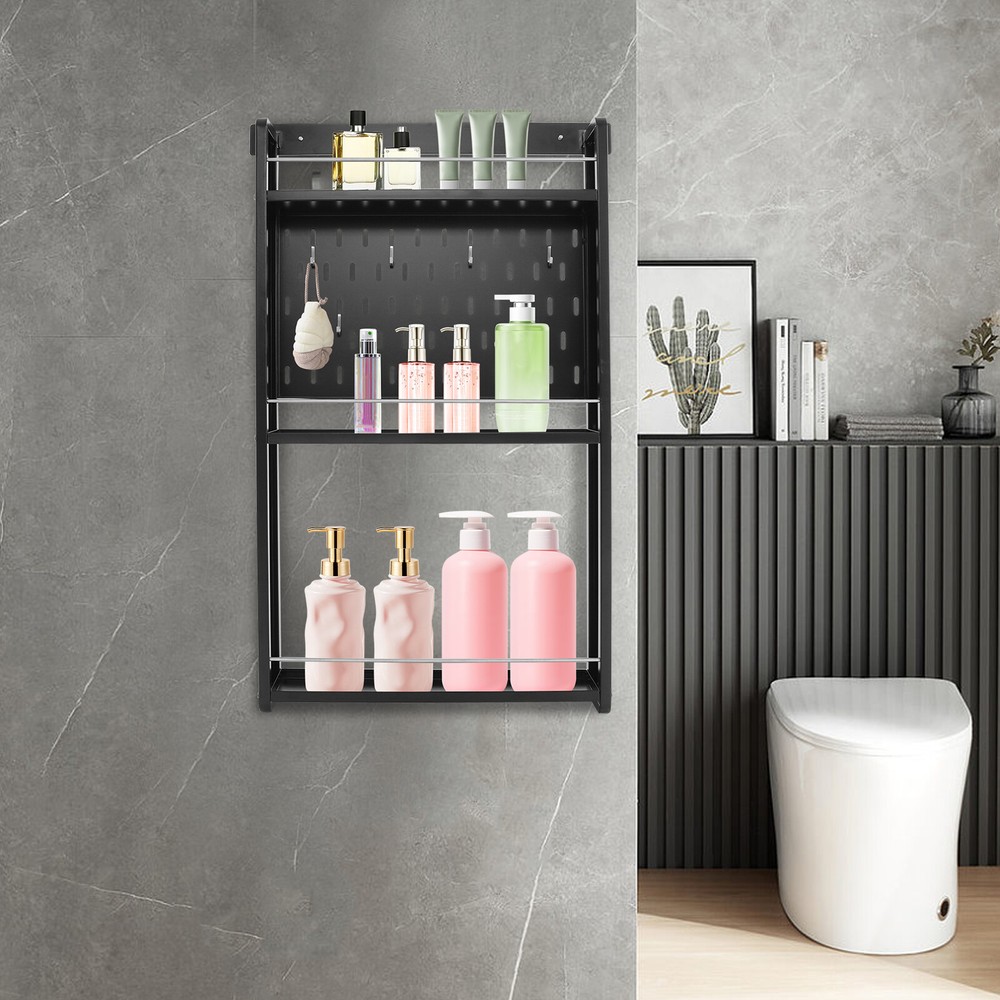 3 Tier Kitchen Storage Rack Wall-mounted Storage Rack w/ 6 Hooks for Home Hotel