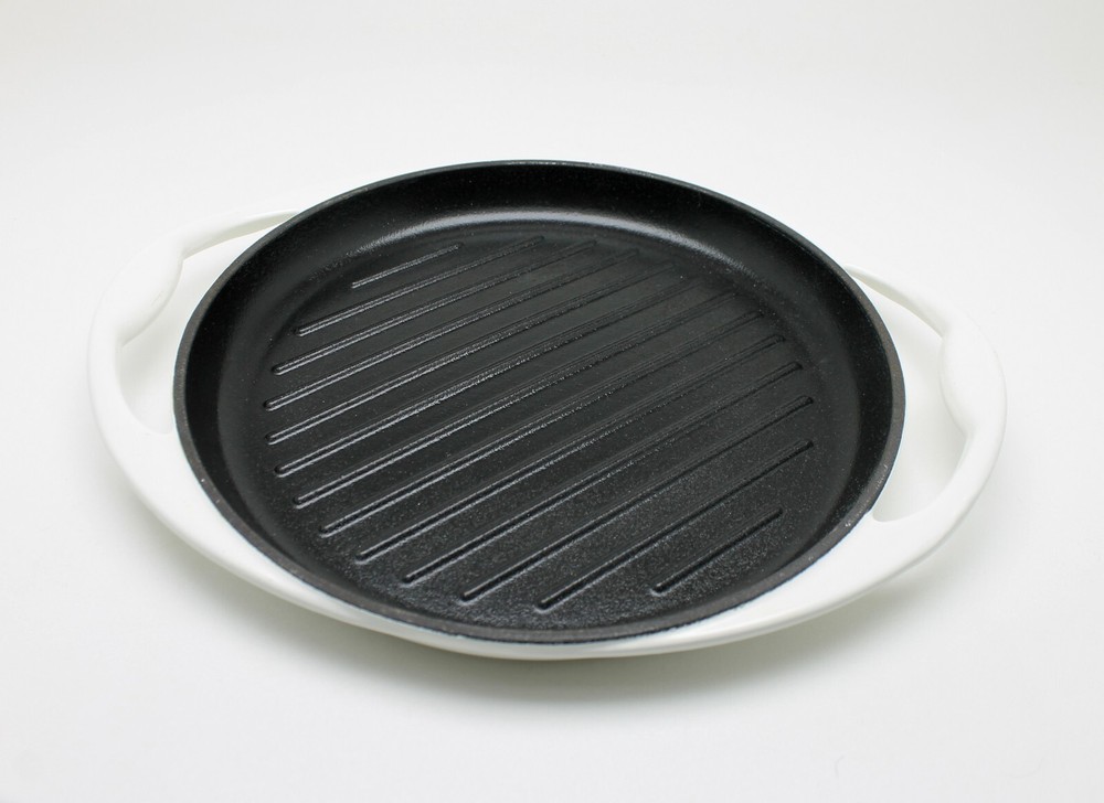 IH White Round Enameled Cast Iron Grill Pan With Handles 10"