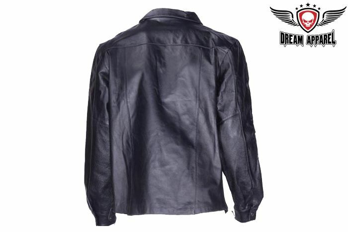 Men's Motorcycle Pullover Collared Leather Shirt with Lacing & Multiple Pockets