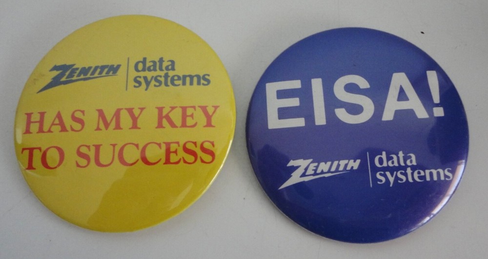 (2) Zenith Data Systems Vintage Computer Advertising Button Pins 1980s~EISA!