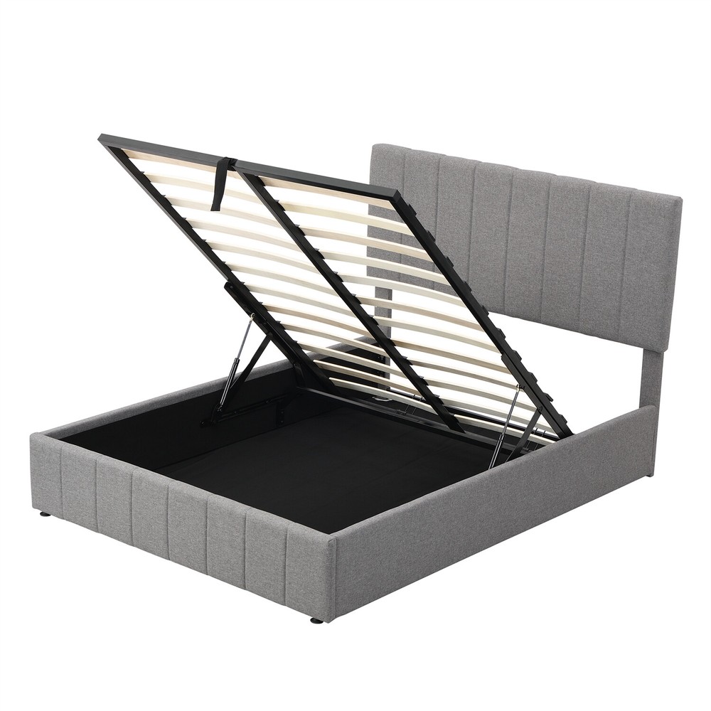Full Size Upholstered Platform Bed Frame w/ Hydraulic Storage System Gray