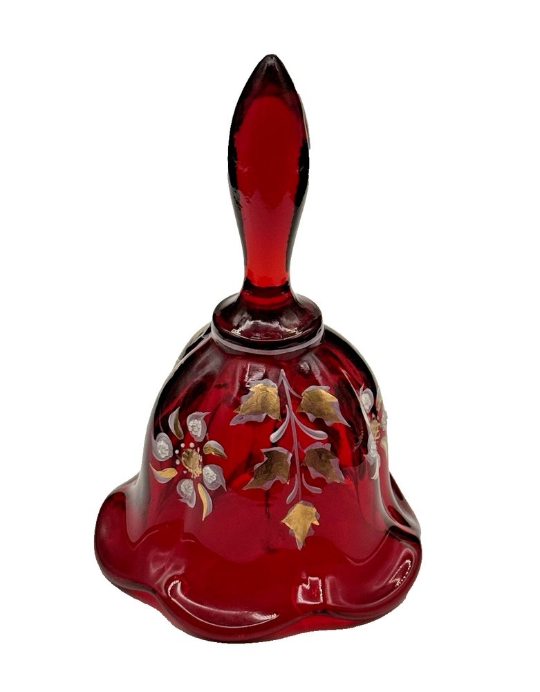 Fenton Ruby Red Hand Bell UV Cadium Glow Gold Silver Floral Signed Numbered #121