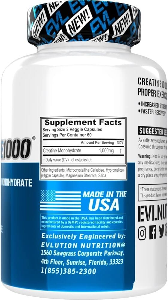 Evlution Pure Creatine Monohydrate Capsules 1000mg Pre and Post Workout