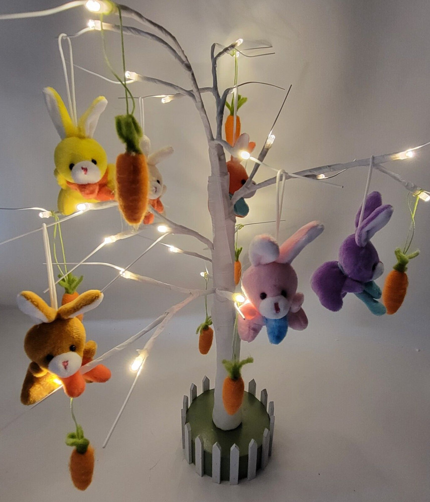 Lighted 22 Inch Easter Spring Tree 14 Hanging Plush Ornaments Rabbits Carrots