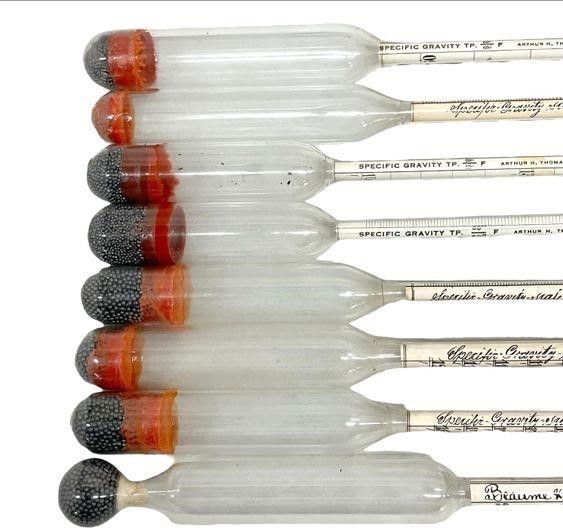 A.H Thomas Specific Gravity Scale Glass Hydrometer Scientific Thermometers set 8