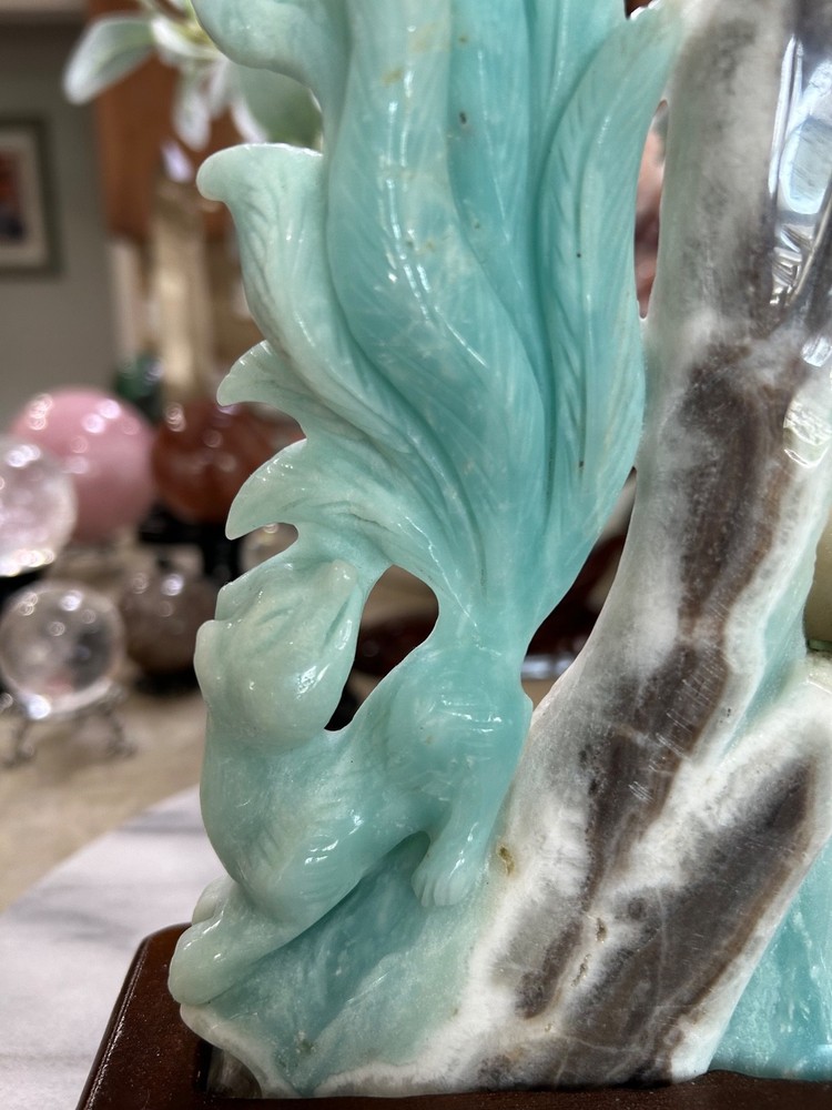 Amazonite 9 tail Fox carving on stand Gorgeous