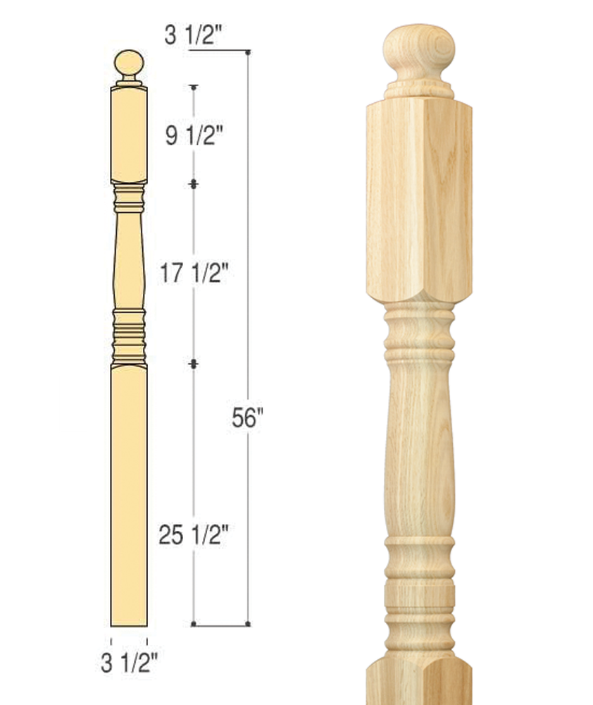 Hampton Starting Newel - 3.5" x 56" - Coffman C-4002 - Beech