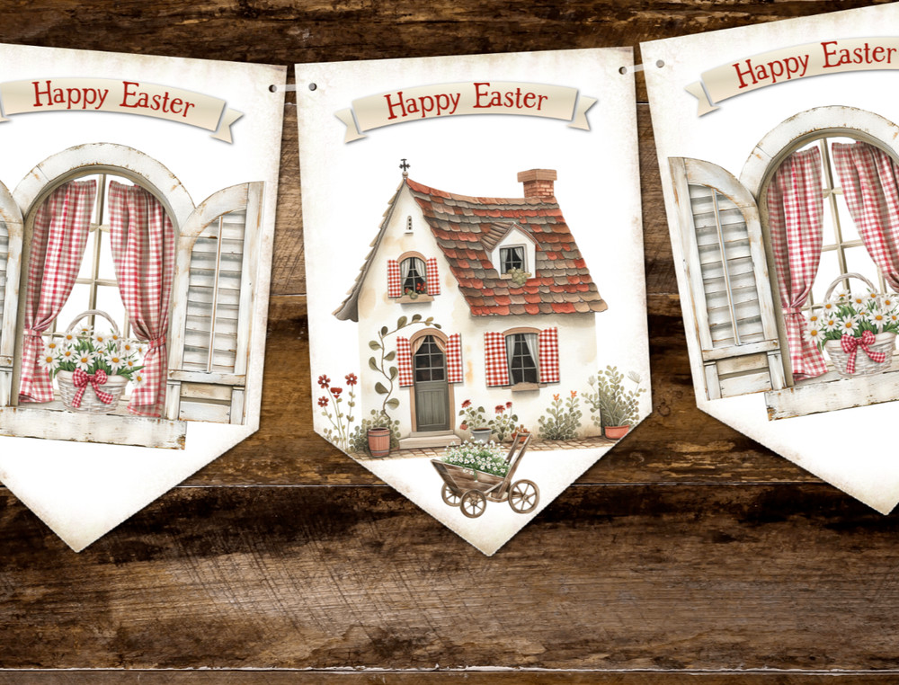 Rustic Country Style Red Gingham Easter Bunting Happy Easter Decoration