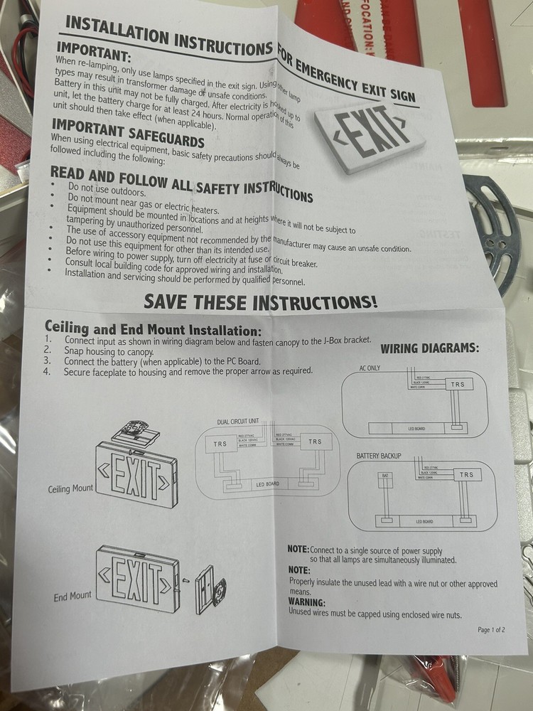 LED Exit Sign (2-pack) Battery Backup UL Ceiling Mount / Wall Mount