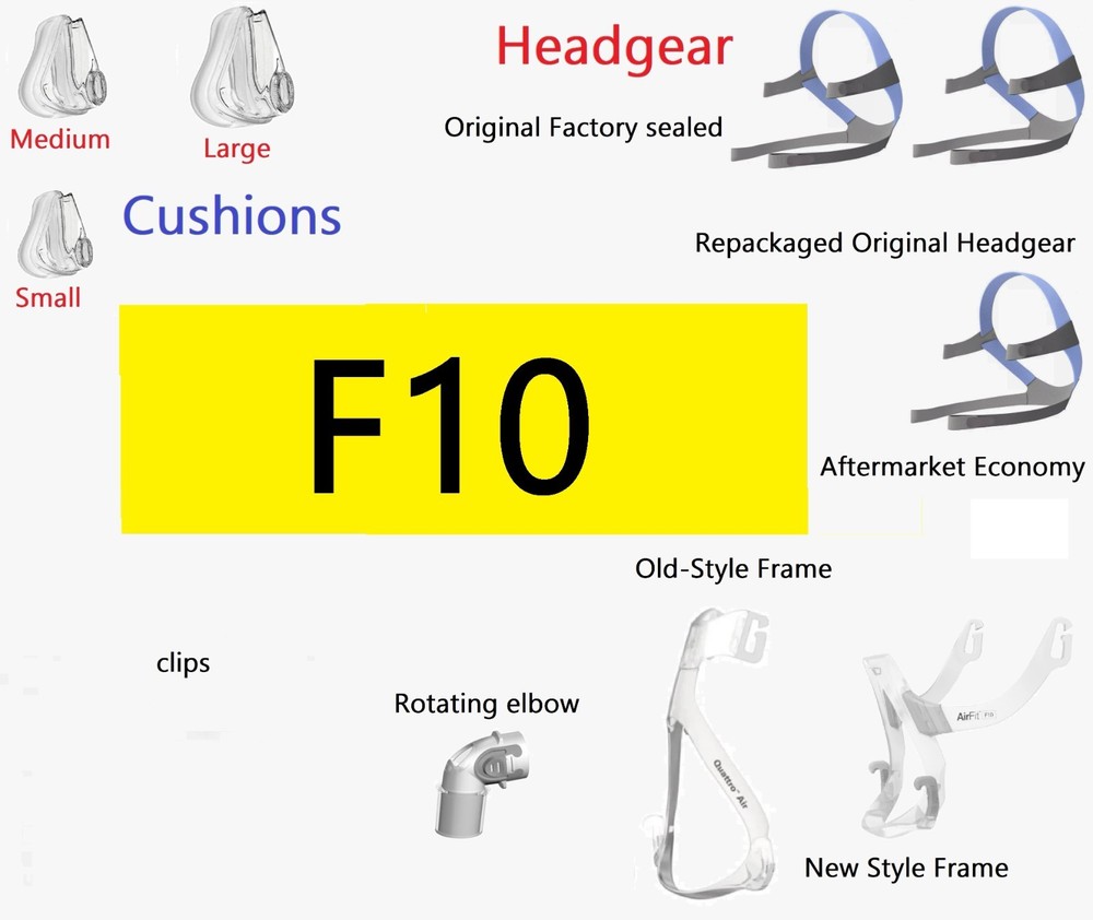 F10 Cushion/Headgear/Frame/Swivel Adapter/Clips