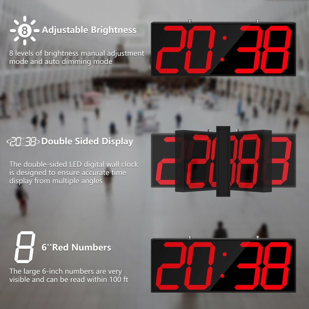 Digital Wall Clock with Double Sided Display, Large LED Clock with Timer,Alar...