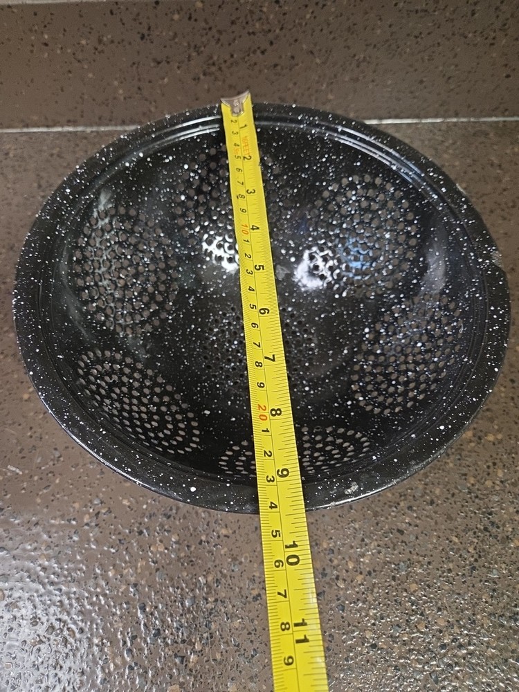 Vintage Enamelware Footed Colander Strainer Black White Speckled Primitive 9.5”