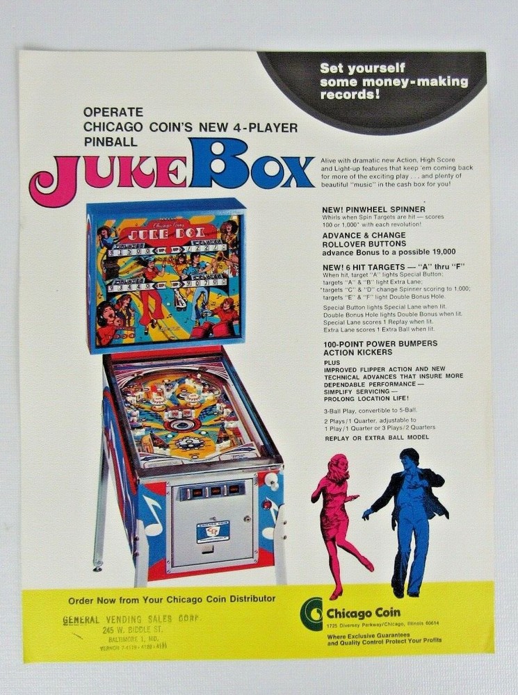 Chicago Coin Jukebox Pinball Advertising Flyer