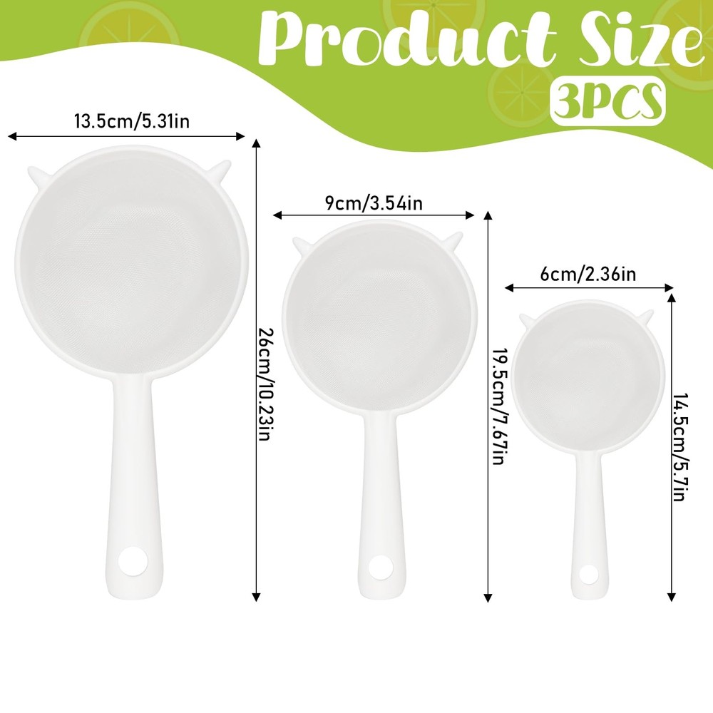 3 Pcs Plastic Mesh Strainer Set Colander with Handle - 3 Sizes 7.7×3.6, White