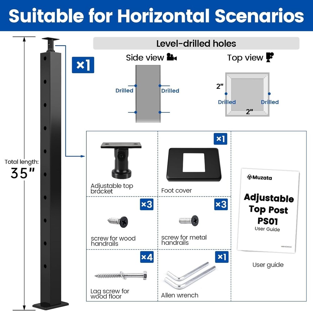 Black Cable Railing Post 36 Inch 36"x2"x2" Level Drilled Surface Mount T304 S...
