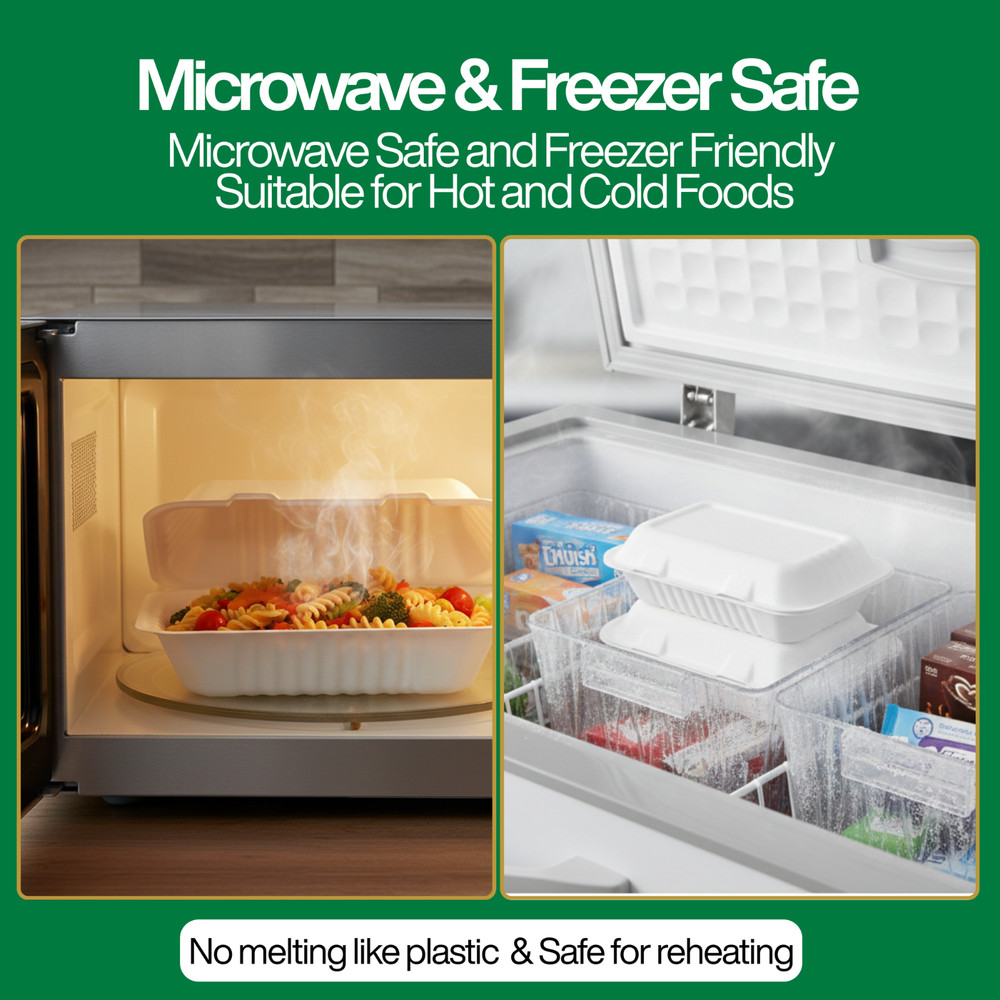 Bagasse Hinged Container, White, PFAS FREE, 9" x 6", 125pcs