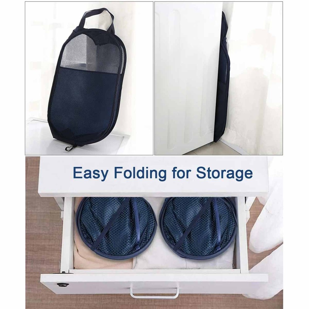 (navy blue, 2 packs) Foldable mesh laundry basket with sturdy handle - portable