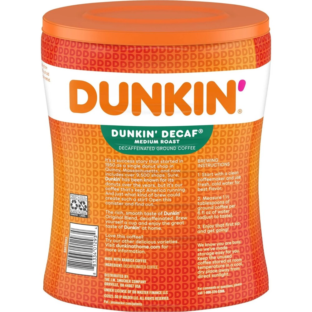 2 Pack Dunkin Original Blend Medium Roast Decaf Ground Coffee, 30 Ounce Canister