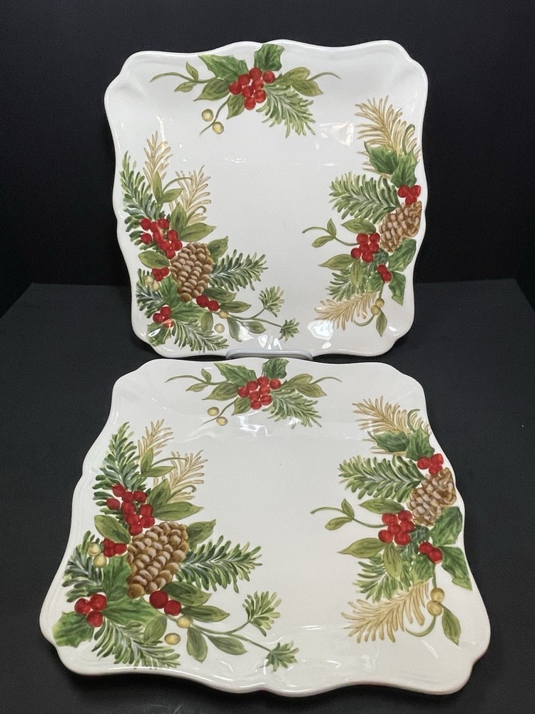 Maxcera Christmas YULETIDE BOUGH 11.75”Square Dinner Plate Serving Platter Set 2