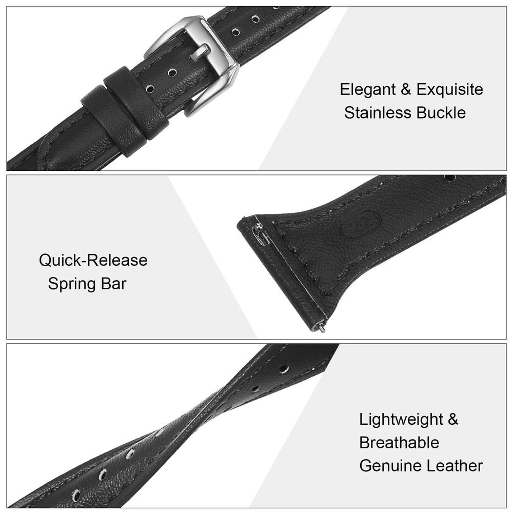 Genuine Leather Watch Band 22mm Quick Release Strap Black/Silver Tone