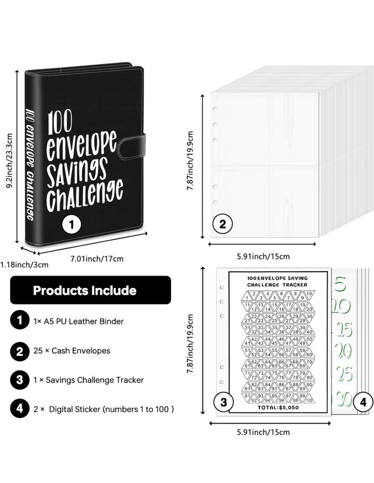 100 Envelopes Money Saving Challenge Binder, A5 Money Saving Challenges Book
