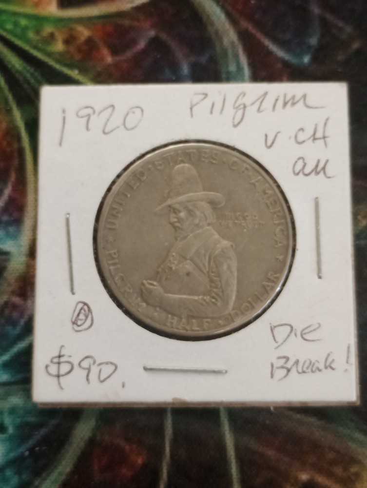 1920 Pilgrim 90% Silver 50¢ Commemorative Half Dollar Die Break
