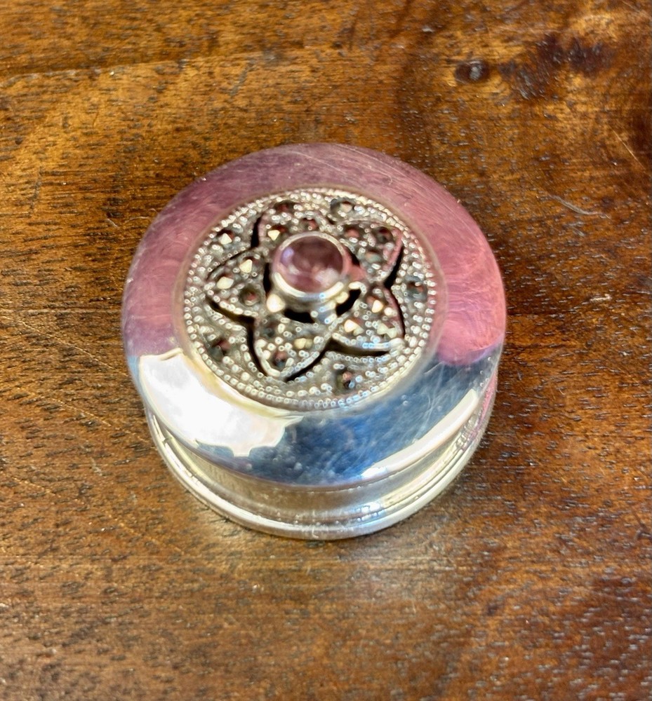 A Pretty London Hallmarked Solid Silver Pill Box Set With Marcasite & Amethyst.