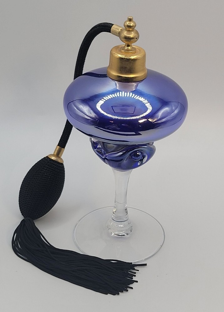 Handblown Iridescent Blue Glass Footed Perfume Atomizer • Refillable • 7"H