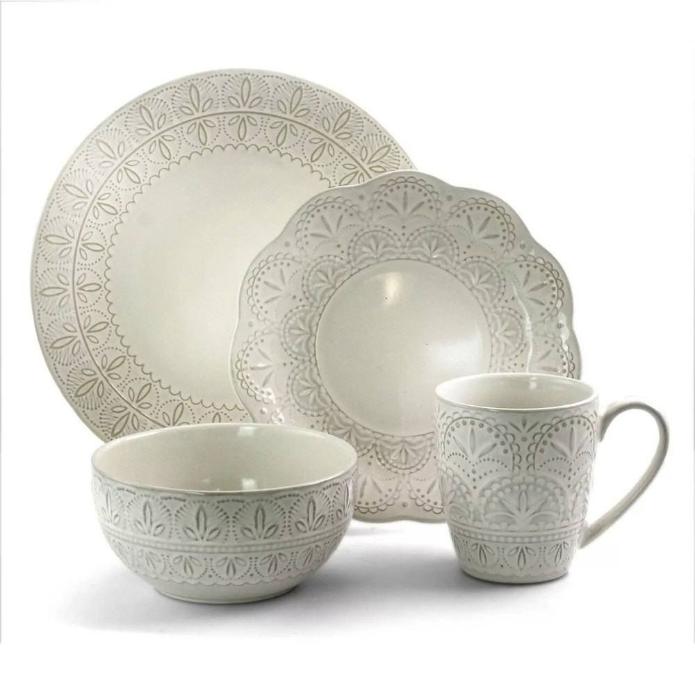 Elama White Lace 16 Pc Round Glazed Embossed Stoneware Complete Dinnerware Set 4