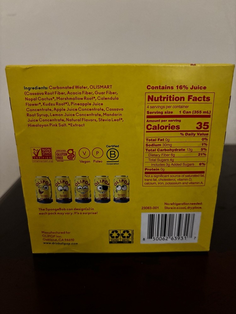 SpongeBob OLIPOP Pineapple Paradise Prebiotic Soda 4-Pack