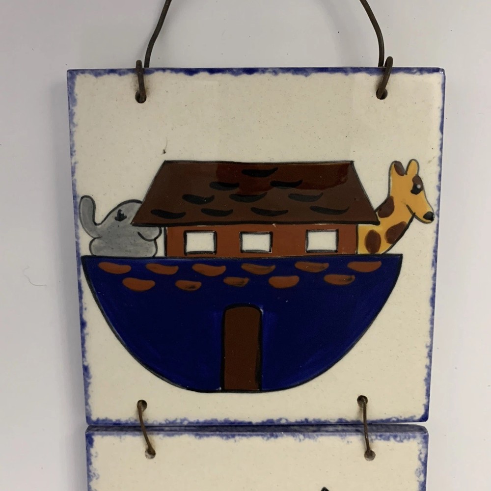 Wall Hanging Handmade Ceramic Tile & Wire Noah’s Ark Theme 17" x 4" EUC