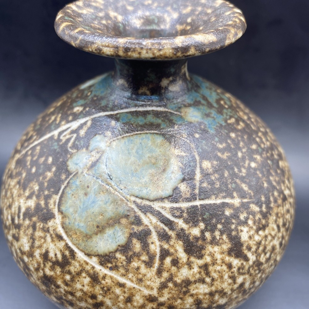 Artisan Studio Pottery Unique Brown Bulb Vase, Glazed Inside,Leaf Design, Signed