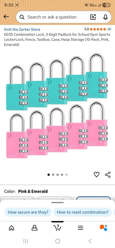 XD35 Combination Lock, 3-Digit Padlock (10-Pack, Pink, Emerald)
