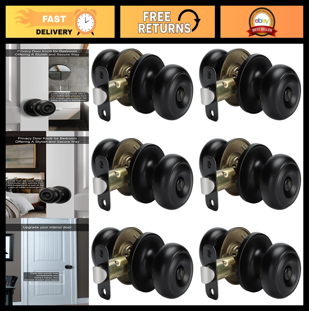 Matte Black Keyless Privacy Door Knobs - 6 Pack Interior Bedroom & Bathroom Knob