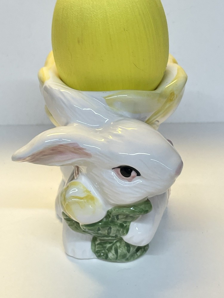 VTG Easter Bunny Rabbit Ceramic Egg Cup Holder Flower Pink Bow EUC 20% Off