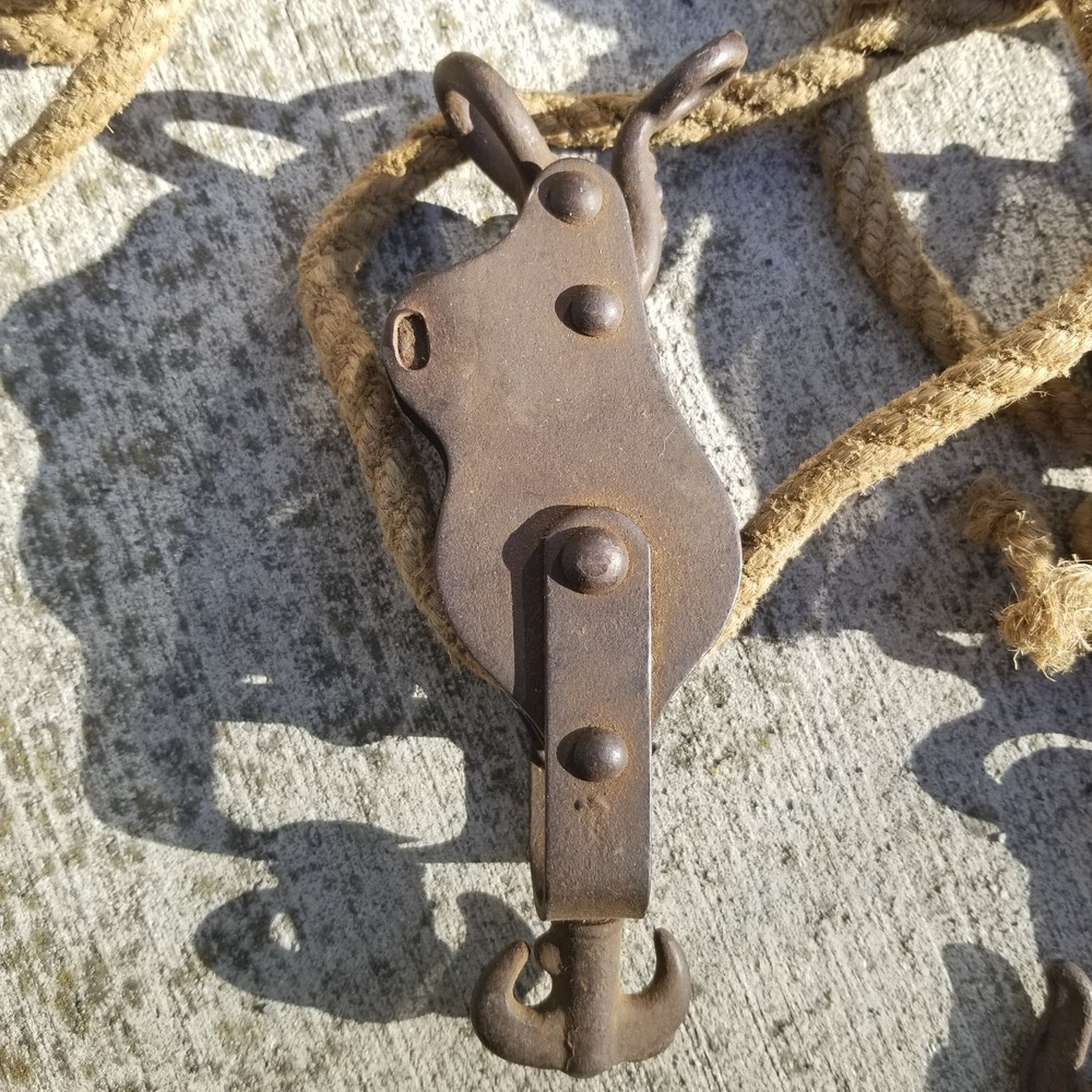 Authentic Antique Barn Rope x2 pullies Hook Approx. 17ft Length 1/2" thick