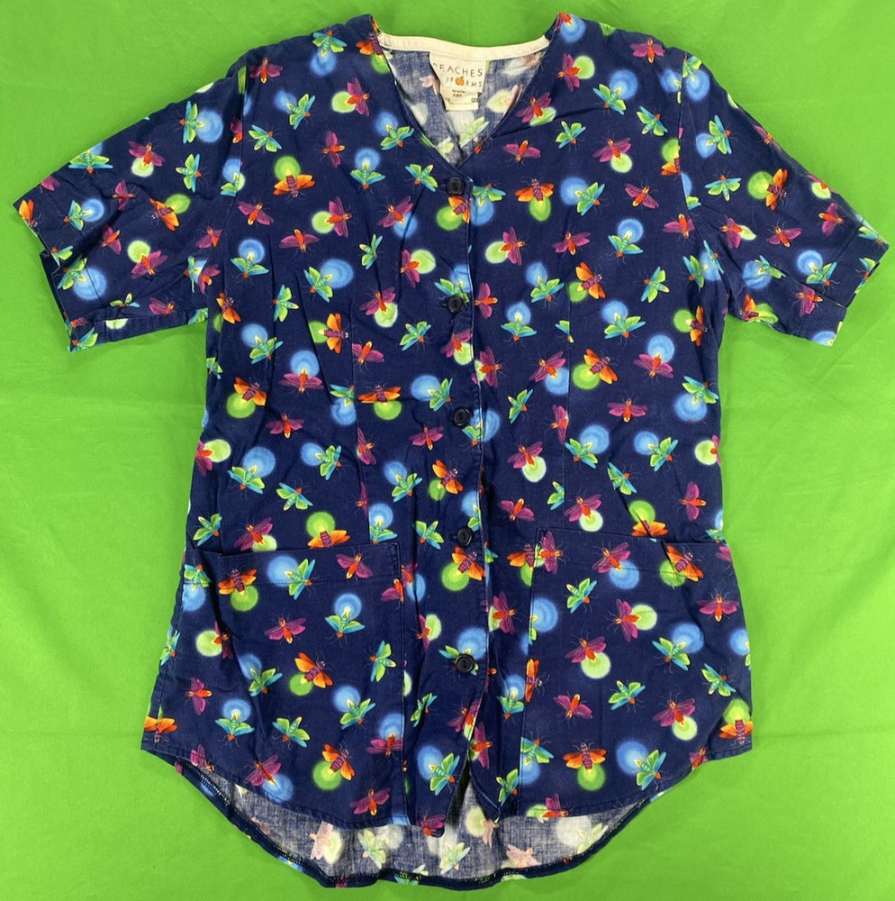 XS Light Bug Patterned Peaches Scrub Top