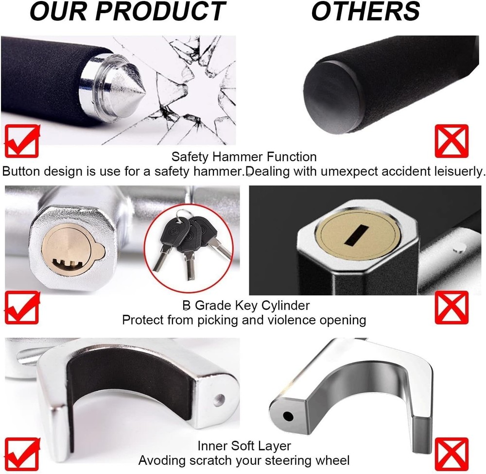 Deterrent Antitheft Locking Device Adjustable Clamp Double car Hook Hammer Black