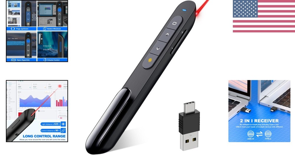 USB Type C Wireless Presenter Clicker with Red Pointer - 165FT Control Range