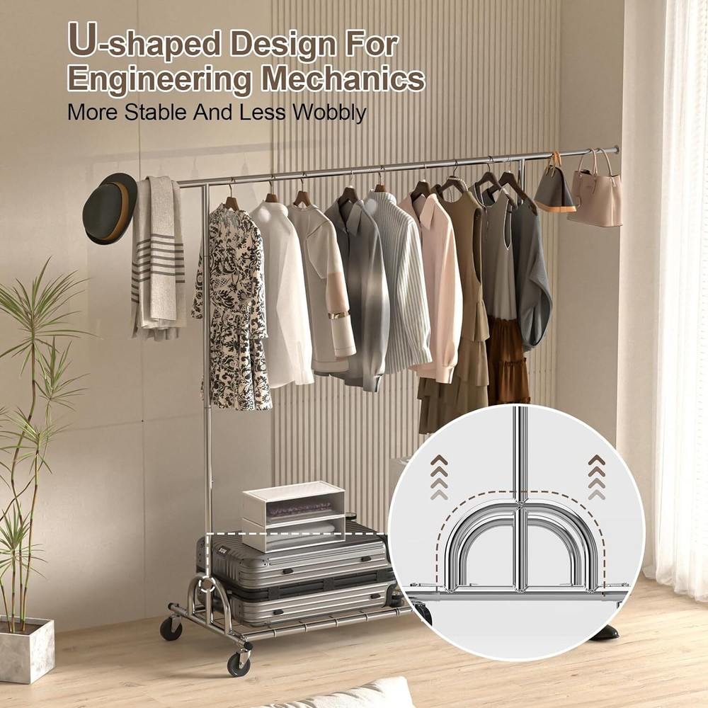 Singel Rail Garment Rack with Wheels Multi Purpose Clothes Storage Drying Hanger