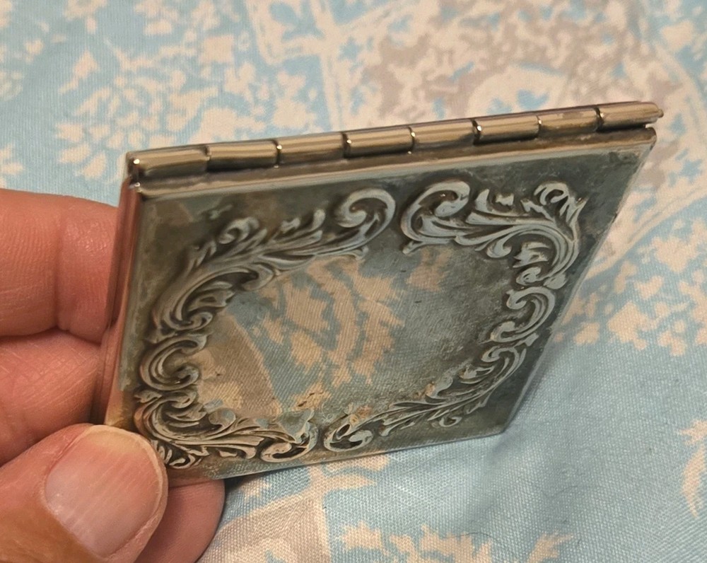 Vintage Silver Plated Compact Mirror Ornate Scrollwork 2.5