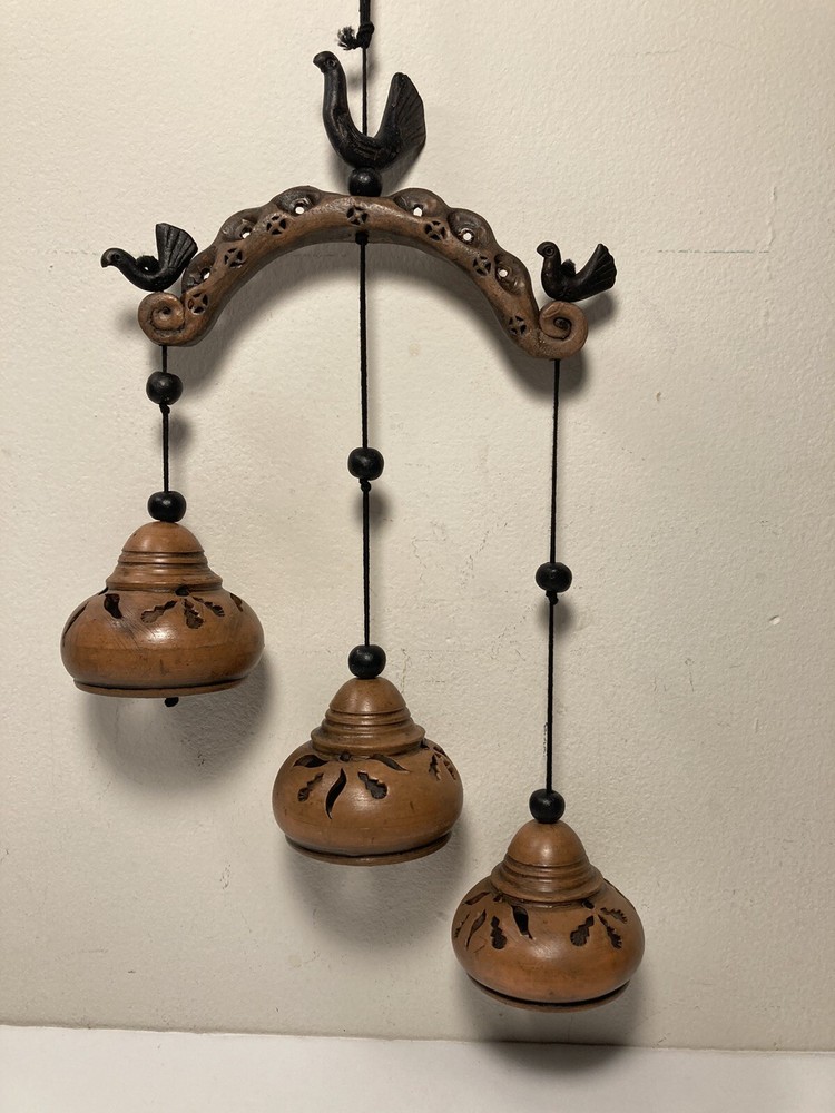 Handcrafted Terra Cotta Wind Chimes Bells Birds 17.25"