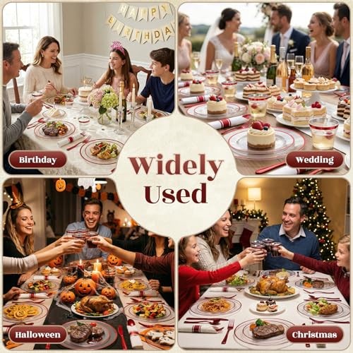 350pcs Plastic Dinnerware Set,Clear and Disposable Plastic 350pcs（50guests） Red