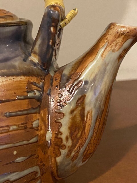 Studio Art Pottery Ceramic Textured Glazed Teapot w/Bamboo Handle Awesome EUC