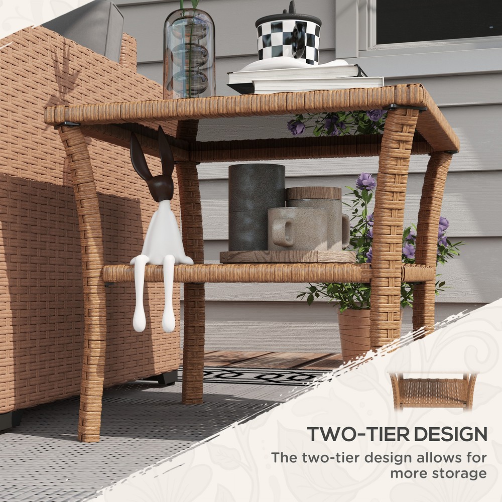Outsunny Patio Wicker Coffee Table w/ Two-tier Design, Side Table, Sand