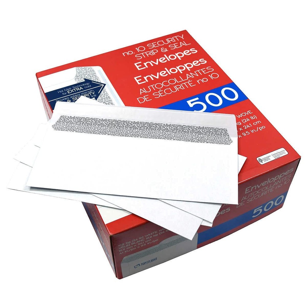 Top Flight PSTF10NWT #10 Envelopes, Strip & Seal, Security 500 Count, White