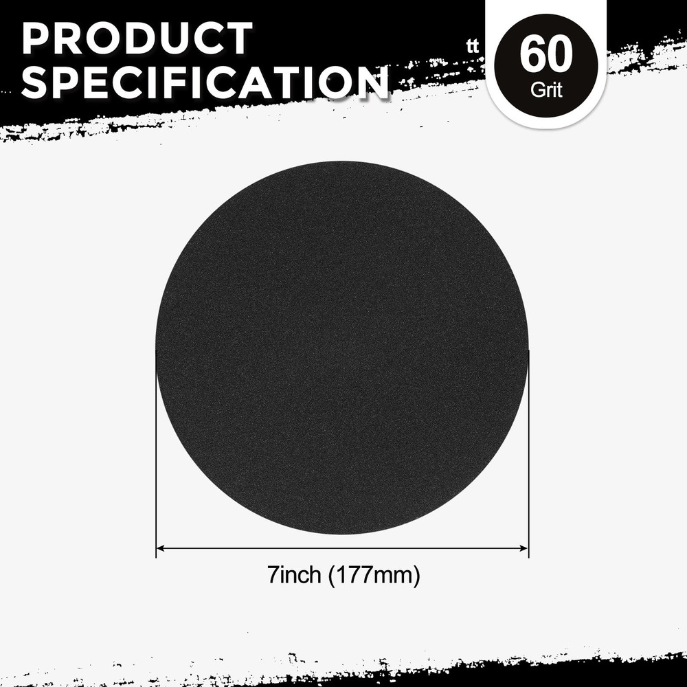 50 Pcs Sanding Disc 7" 60 Grit Hook and Loop Orbital Sandpapers, Black