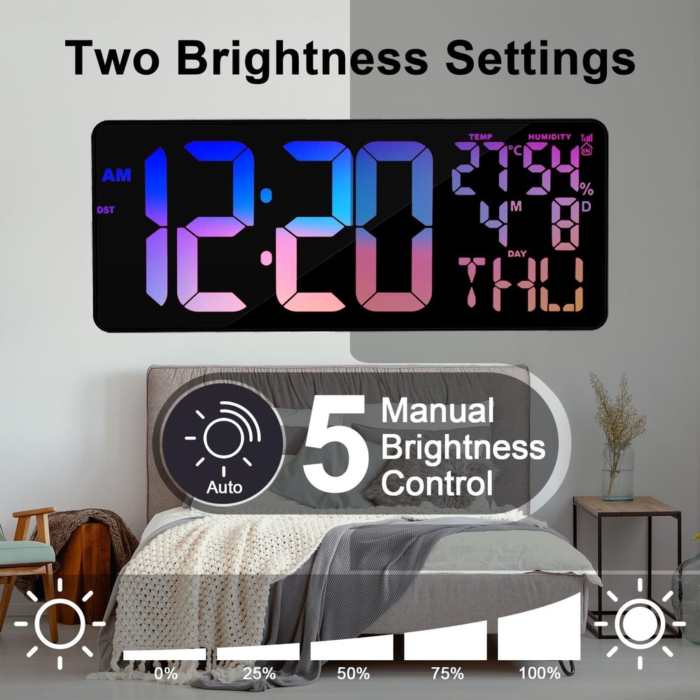 11 RGB Color Changes Large Digital Wall Clock/Bluetooth Auto Time Sync, Remot...