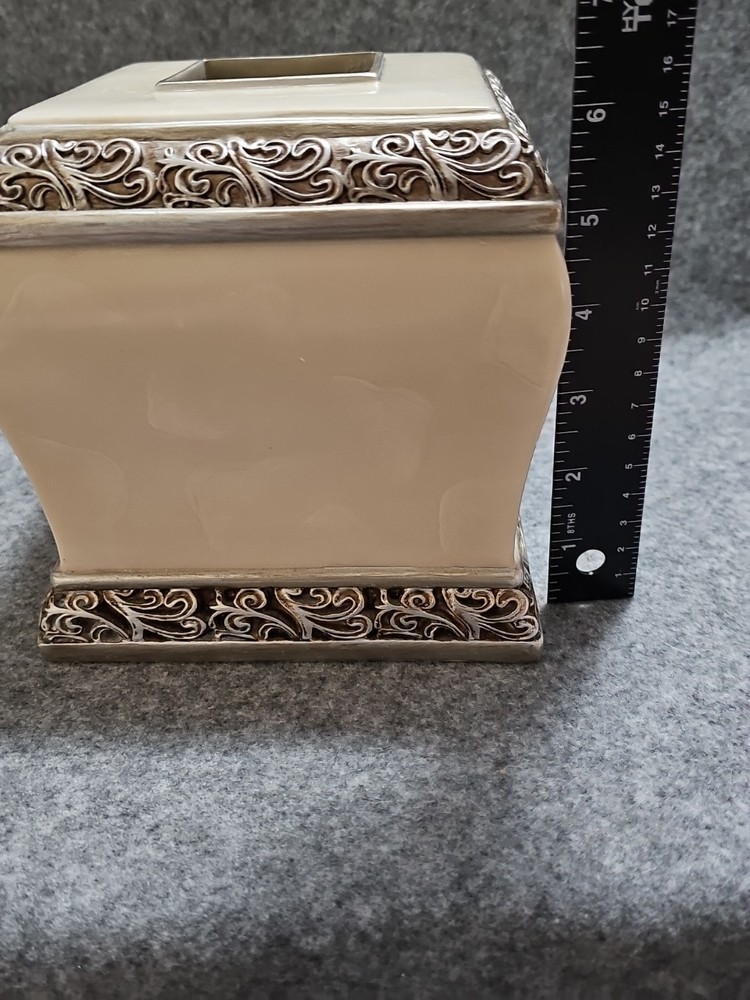 Decorative Tissue Box Cover Cream Ivory Silver Scroll Bathroom Vanity Square